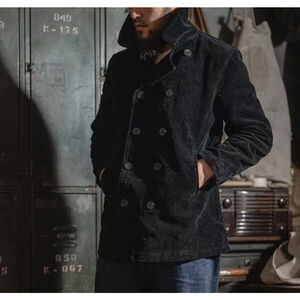 Bronson Black Corduroy Peacoat Double-Breast M Men's Jacket Naval Sailor Reefer